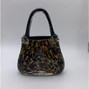 Vtg. Murano Style Mouth Blown Block Cut Handbag Purse Sculpture Or Flower Vase
